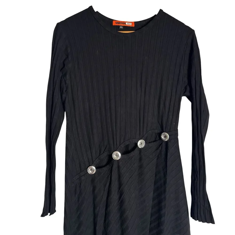 Simon Miller Simm Black Long Sleeve Asymmetric Cut Out Sweater Maxi Dress XL - Picture 6 of 13